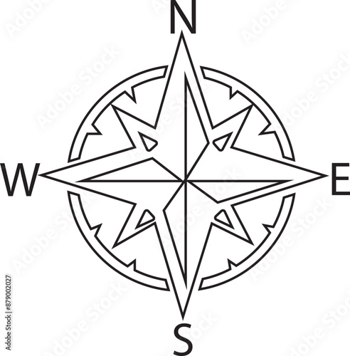 Compass Outline icon. Monochrome navigational compass with cardinal directions of North, East, South, West. Nautical wind rose line icon. Geographical position, cartography on transparent background.