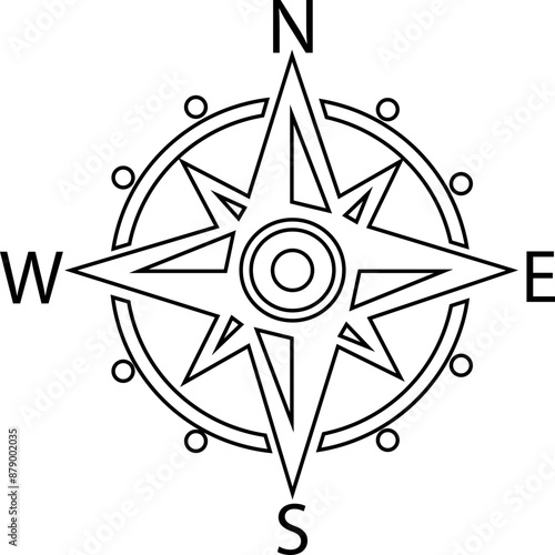 Compass Outline icon. Monochrome navigational compass with cardinal directions of North, East, South, West. Nautical wind rose line icon. Geographical position, cartography on transparent background.