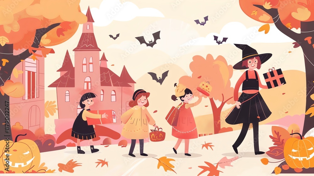 Kids trickortreating with school books, playful scene, flat design illustration Kids trickortreating with school books, playful scene, flat design illustration