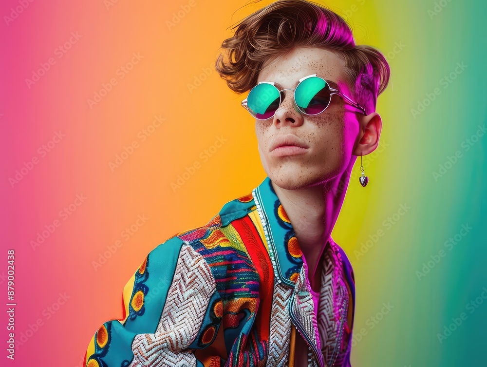 portrait of young LGBT teen lively man with colorful rainbow color theme, fashionable hair style, wearing round chrome vibrant reflect sunglasses. portrait of young LGBT teen lively man with colorful rainbow color theme, fashionable hair style, wearing round chrome vibrant reflect sunglasses.