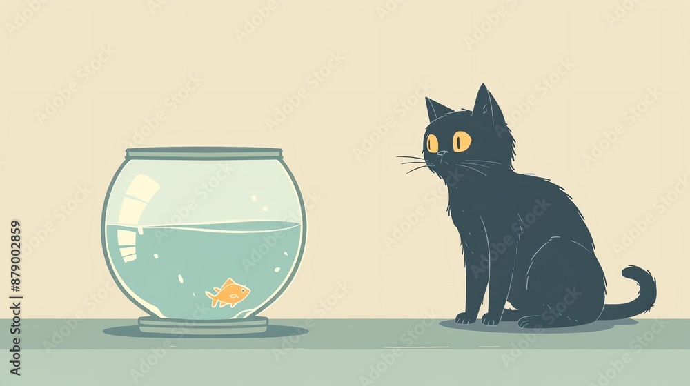 Cat with a fishbowl, inquisitive gaze, flat design illustration Cat with a fishbowl, inquisitive gaze, flat design illustration