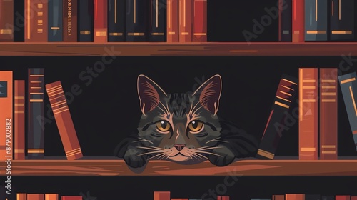 Cat exploring a bookshelf, curious expression, flat design illustration