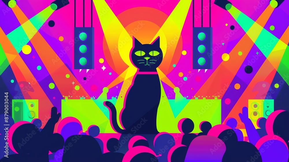 Cat at a music festival, vibrant atmosphere, flat design illustration Cat at a music festival, vibrant atmosphere, flat design illustration