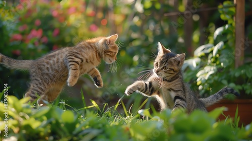 Cats playing in a garden, chasing each other, flat d
