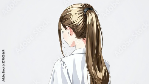 Back view of beautiful long shiny ponytails hair of a woman on plain white background, bg