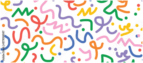 Set of fun colorful line doodle seamless pattern. Creative abstract art background collection for children or festive celebration design. Simple childish scribble wallpaper print texture bundle.