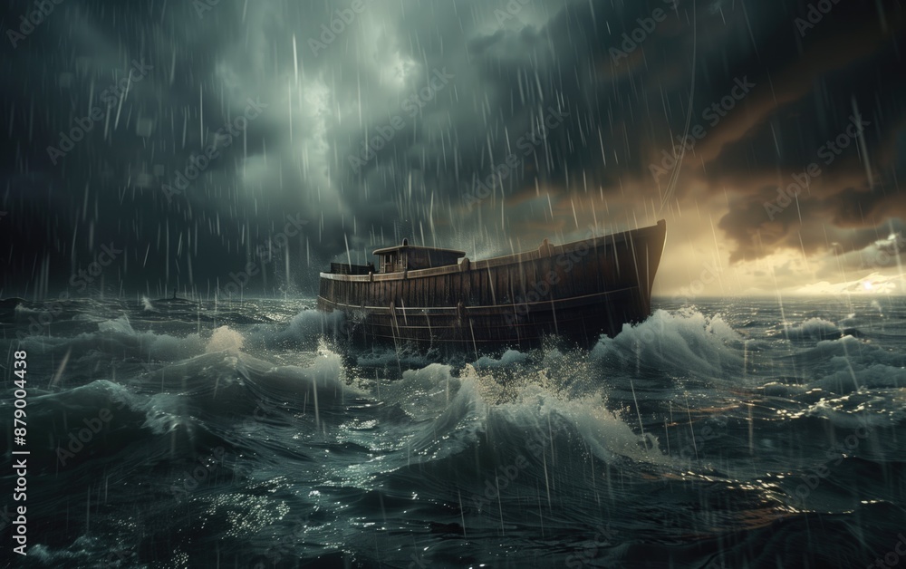 Generative AI of Dramatic Seascape with Noah's Ark: Iconic Biblical Ship, Testament of Faith, Mythological Ocean Journey