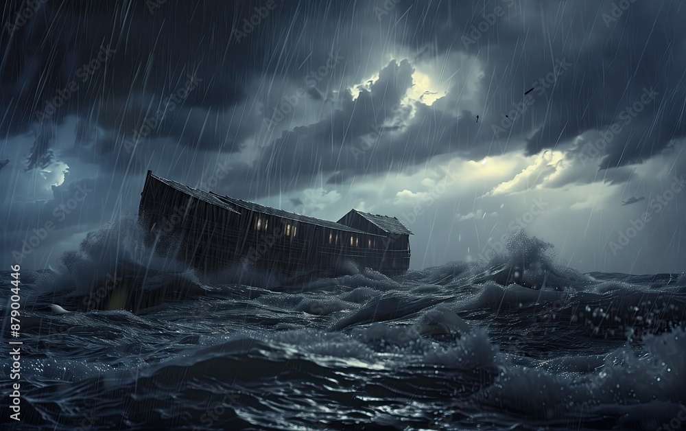 Generative AI of Noah's Ark Battling Through Oceanic Waves: Dramatic Biblical Scene, Spirituality in Nature, Ancient Vessel Concept