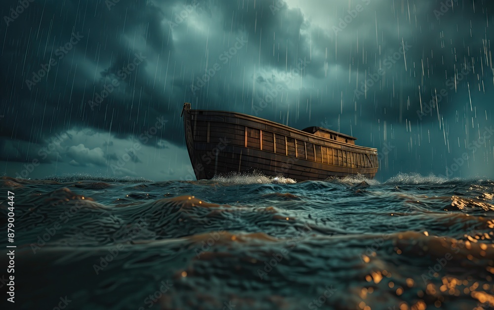 Generative AI of Historic Ark on Turbulent Waters: Bible Flood Narrative, Testament to Faith, Nautical Survival Theme