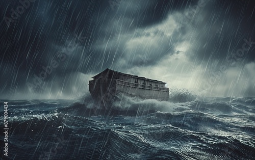 Generative AI of Noah's Ark Amidst Torrential Rain: Biblical Story Illustration, Christian Faith Symbolism, Dramatic Ocean Scene