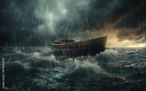 Obraz na płótnie Generative AI of Dramatic Seascape with Noah's Ark: Iconic Biblical Ship, Testament of Faith, Mythological Ocean Journey w salonie