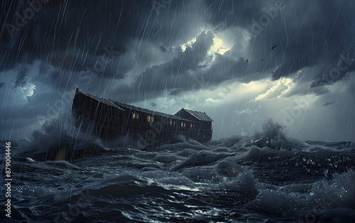 Obraz na płótnie Generative AI of Noah's Ark Battling Through Oceanic Waves: Dramatic Biblical Scene, Spirituality in Nature, Ancient Vessel Concept w salonie