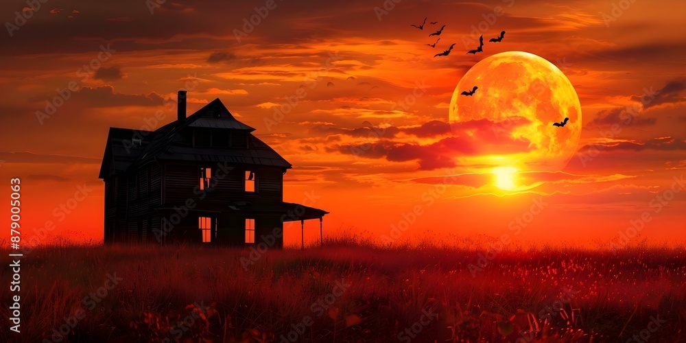 Spooky silhouette of a haunted house against an orange sky with a full moon and flying bats. Concept Halloween, Silhouette Photography, Haunted House, Full Moon, Bats Spooky silhouette of a haunted house against an orange sky with a full moon and flying bats. Concept Halloween, Silhouette Photography, Haunted House, Full Moon, Bats