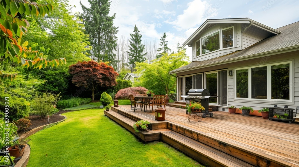 A spacious backyard with a garden, a wooden deck, and a barbecue setup, perfect for summer gatherings at home. A spacious backyard with a garden, a wooden deck, and a barbecue setup, perfect for summer gatherings at home.