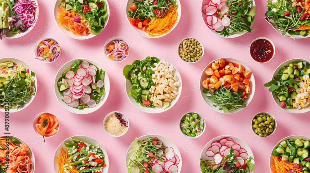 Frame of delicious salads Plates with assorted salads Frame of delicious salads Plates with assorted salads