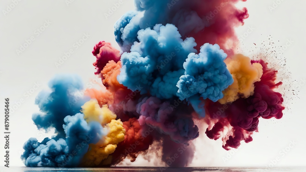 Set of colorful smoke explosions and blasts on plain white background Set of colorful smoke explosions and blasts on plain white background