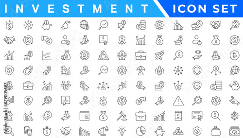 Investment Line Editable Icons set. Vector illustration in modern thin line style of business related icons: types of investments, economics, profit, savings, and more. Isolated on white