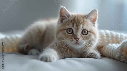 Beautiful munchkin kitty on a plain background looking at the camera.