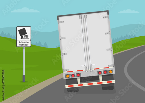 Safe driving tips and traffic regulation rules. Back view of a heavy goods vehicle on a dangerous turn. Semi trailer is about to rollover. Flat vector illustration template.
