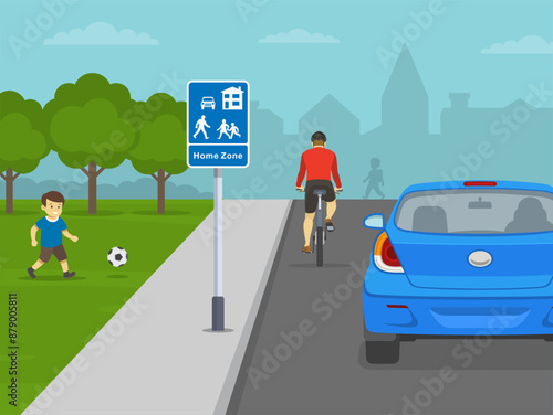 Safe driving tips and traffic regulation rules. Back view of a cyclist and car on road. Home zone sign area. Flat vector illustration template.