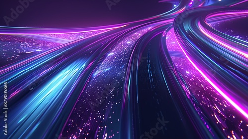 Rapidly darting lights and vivid stripes against a dark backdrop, showcasing a futuristic technological landscape filled with vibrant hues.