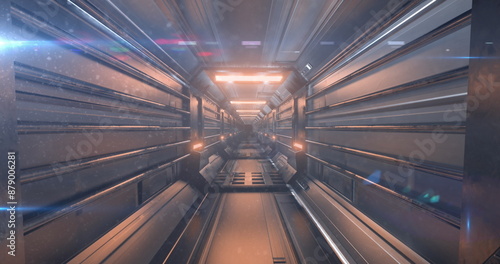 Image of beige lights over moving industrial tunnel