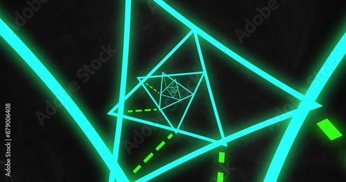 Image of tunnel made of neon triangles moving on black background photo