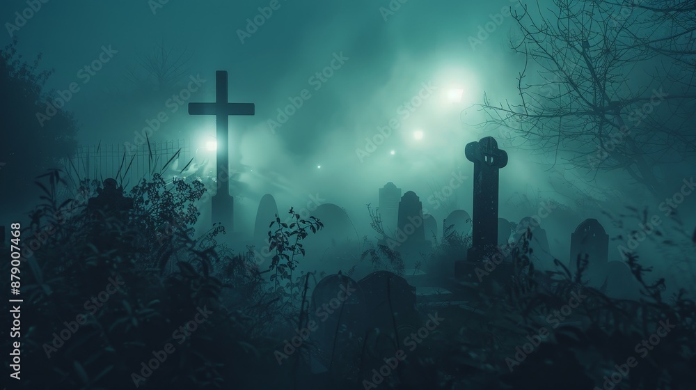 A spooky fog-filled graveyard scene with tombstones and eerie lighting for a Halloween night. A spooky fog-filled graveyard scene with tombstones and eerie lighting for a Halloween night.