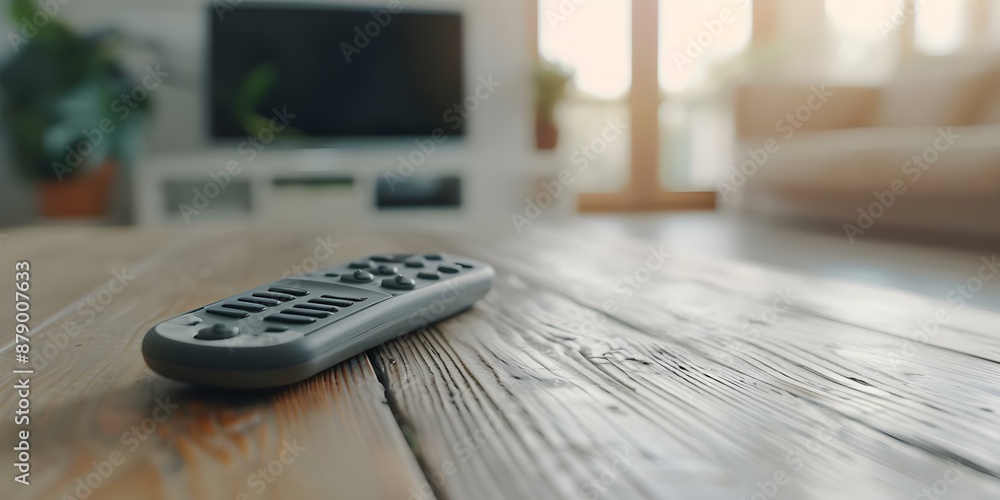 Remote control on wooden desk in room. Concept Home Office Setup, Remote Work Essentials, Interior Design, Workspace Organization Remote control on wooden desk in room. Concept Home Office Setup, Remote Work Essentials, Interior Design, Workspace Organization