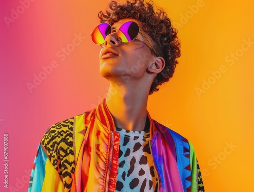 portrait of young LGBT teen lively man with colorful rainbow color theme, fashionable hair style, wearing round chrome vibrant reflect sunglasses.