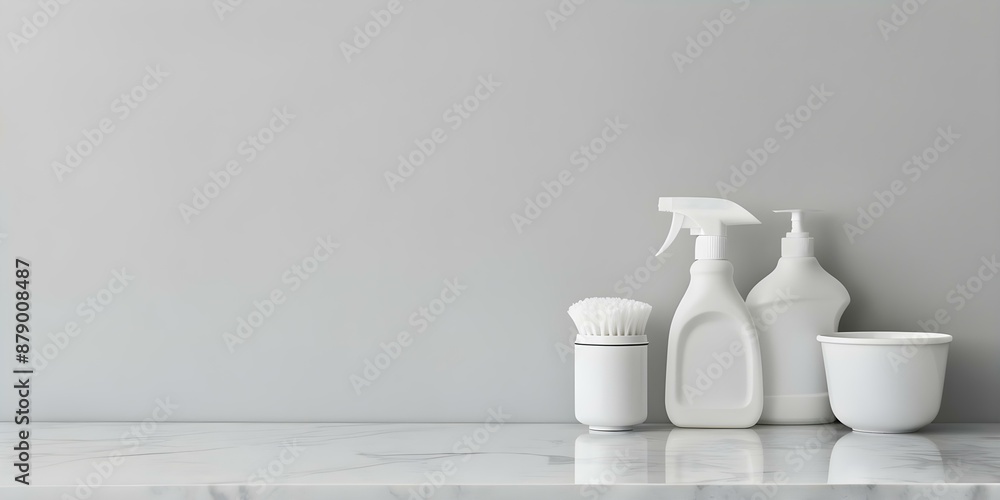 Neatly arranged cleaning supplies on table suitable for showcasing products or services. Concept Cleaning Supplies Display, Organized Products, Showcase Services, Tidy Arrangement Neatly arranged cleaning supplies on table suitable for showcasing products or services. Concept Cleaning Supplies Display, Organized Products, Showcase Services, Tidy Arrangement