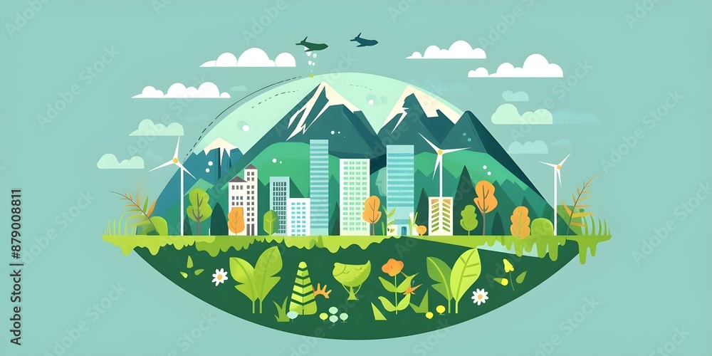 Obraz premium Flat design cartoon drawing of sustainable travel with tetradic color scheme. Concept Flat Design, Cartoon Drawing, Sustainable Travel, Tetradic Color Scheme