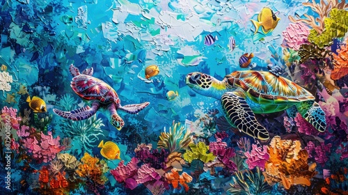 Vibrant coral reefs teeming with tropical fish and graceful sea turtles, in a kaleidoscope of colors and shapes