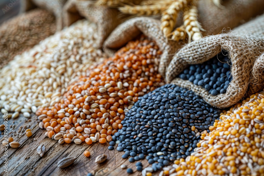 Variety of Colorful Grains and Legumes in Rustic Burlap Sacks on Wooden Surface Variety of Colorful Grains and Legumes in Rustic Burlap Sacks on Wooden Surface