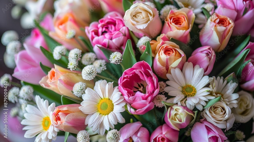 A stunning Easter floral arrangement featuring a mix of tulips, daisies, and roses in a decorative vase. A stunning Easter floral arrangement featuring a mix of tulips, daisies, and roses in a decorative vase.