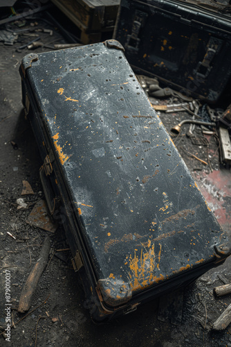 Vintage Weathered Suitcase in an Abandoned Industrial Setting photo