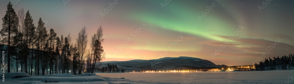 Fototapeta premium Beautiful panoramic view of the Northern Lights over a snow-covered landscape with trees and distant mountains during winter evening.