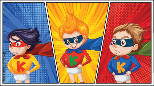 Three superheroes in vibrant comic-style panels