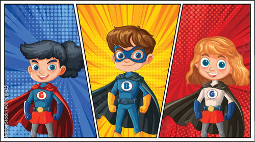 Three superheroes posing with colorful backgrounds