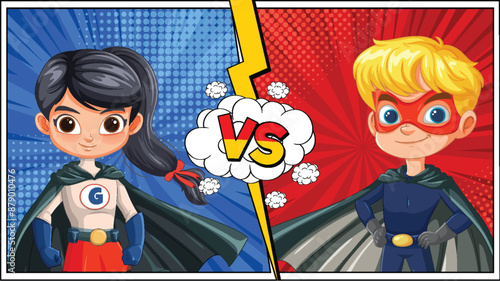 Two superheroes face off in a comic style