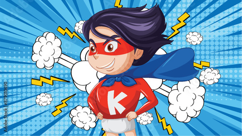 Young superhero with cape and lightning bolts