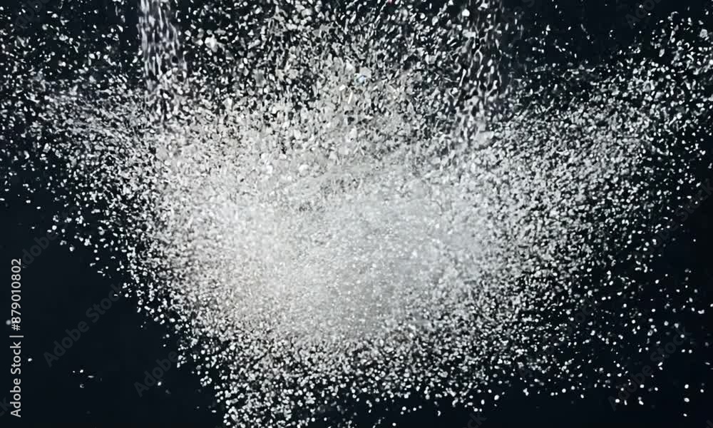 Silver powder explosion captured mid-air against a black background, creating a vibrant and dynamic abstract pattern. Silver powder explosion captured mid-air against a black background, creating a vibrant and dynamic abstract pattern.