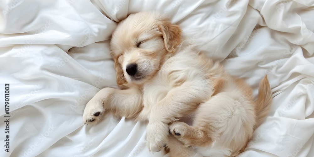Golden retriever puppy sleeping on a white sheet part of a family. Concept Pets, Photography, Family, Lifestyle, Cute Golden retriever puppy sleeping on a white sheet part of a family. Concept Pets, Photography, Family, Lifestyle, Cute