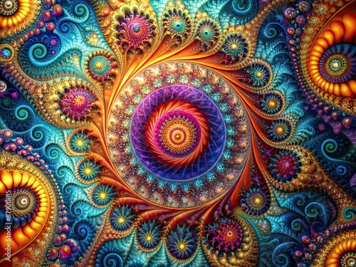 Wallpaper Mural Vibrant abstract fractal art featuring intricate geometric patterns, swirling shapes, and mesmerizing colors, creating a hypnotic and futuristic digital background composition. Torontodigital.ca