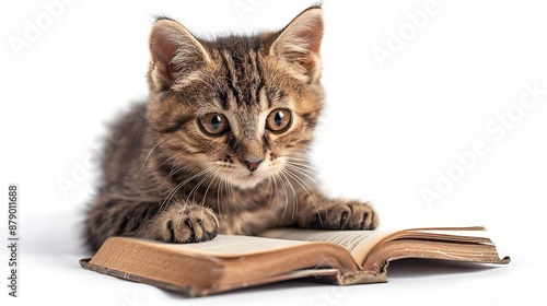 Cute tabby cat lying on a book