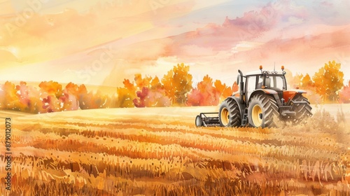 Watercolor illustration of a tractor plowing fields on an autumn farmland with vibrant fall foliage in the background, depicting a hardworking scene.