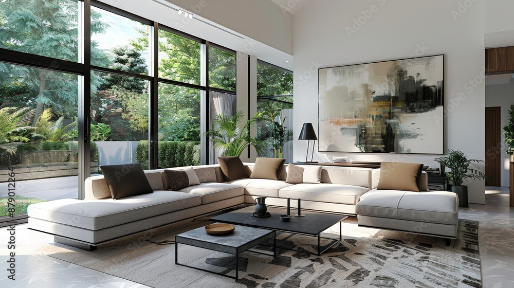 A stylish living room with a large sectional sofa, modern art, and plenty of natural light, perfect for entertaining at home. A stylish living room with a large sectional sofa, modern art, and plenty of natural light, perfect for entertaining at home.