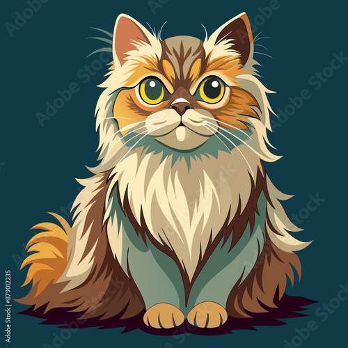 A cute white Persian kitten with fluffy fur and big eyes, wearing a colorful scarf, illustrated in a cartoon style, isolated on a plain background