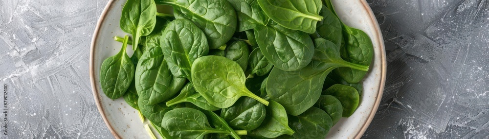 Organic green, leafy spinach, vibrant and fresh, on a white plate, detailed, high resolution, top-down view Organic green, leafy spinach, vibrant and fresh, on a white plate, detailed, high resolution, top-down view