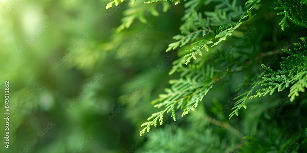Vertical garden with lush green leaves of Western red cedar Thuja plicata. Concept Indoor Gardening, Western Red Cedar, Vertical Garden, Lush Green Leaves, Thuja Plicata Vertical garden with lush green leaves of Western red cedar Thuja plicata. Concept Indoor Gardening, Western Red Cedar, Vertical Garden, Lush Green Leaves, Thuja Plicata